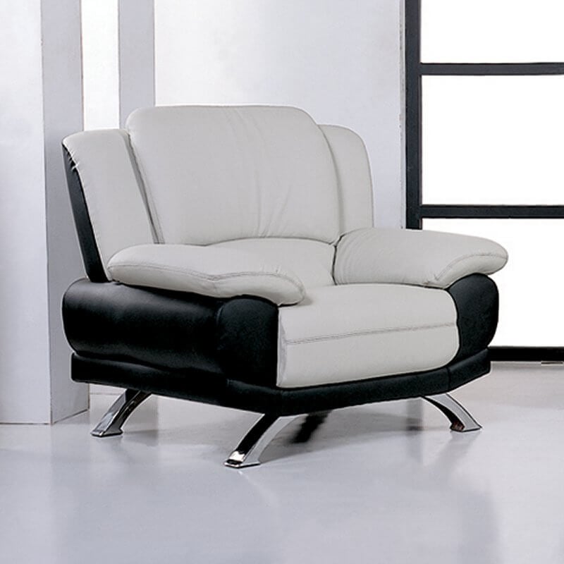 在这里，我们有一个真正的现代椅子设计，用浅角度的黑色皮革车身支撑厚垫白色皮革座椅。宽站立结构和衬垫层使高水平的舒适性。