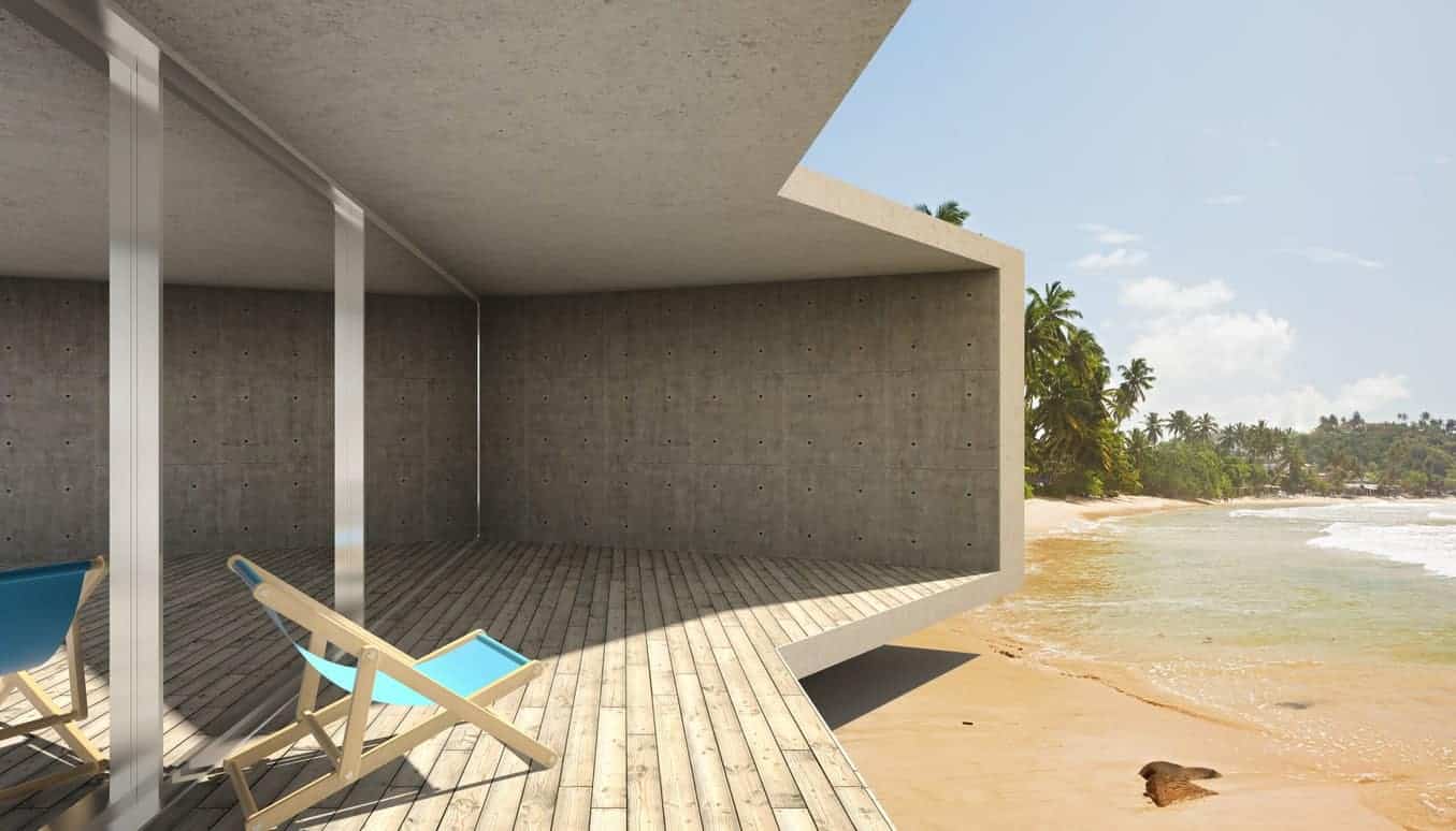 该住宅提供一个海滨甲板，设有休息区。
