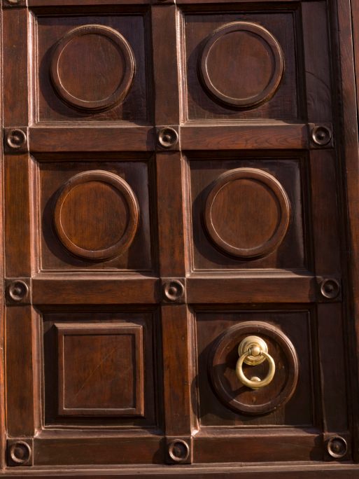 黑色的木质前门由方形和圆形装饰，创造了一个光滑的角色。右下角有一个黄铜环环，完成了它的外观。