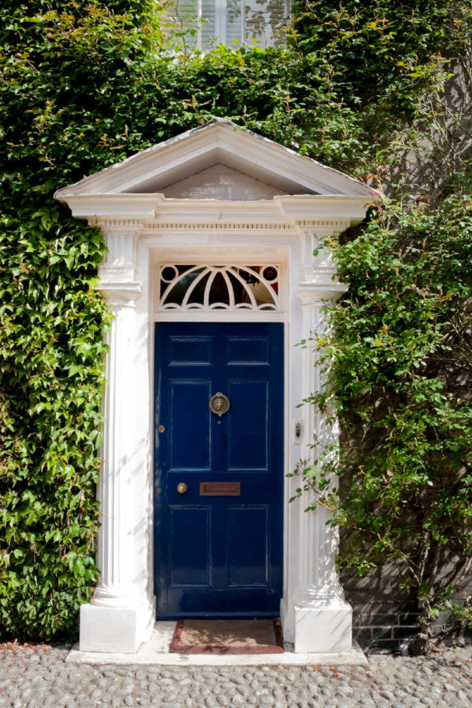 巨大的匍匐植物主导着这座房子，拥有蓝色的前门和白色的柱子。混凝土地板上的棕色地毯与之相辅相成。