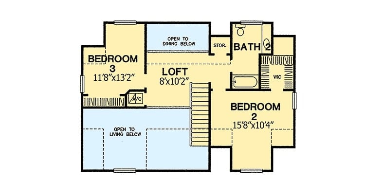 二层平面图有两间卧室，一间门厅浴室和一间俯瞰下面餐厅和客厅的阁楼。