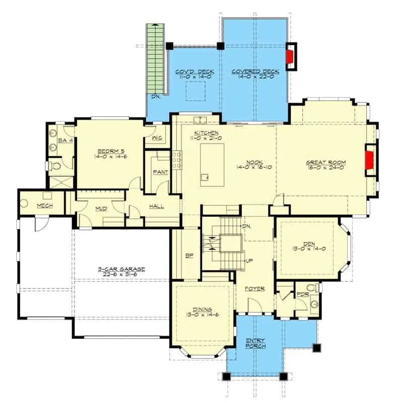 主级两层的平面图奥工匠大厅带回家,窝,餐厅,大房间,早餐角落,厨房,卧室,寄存室,打开车库。