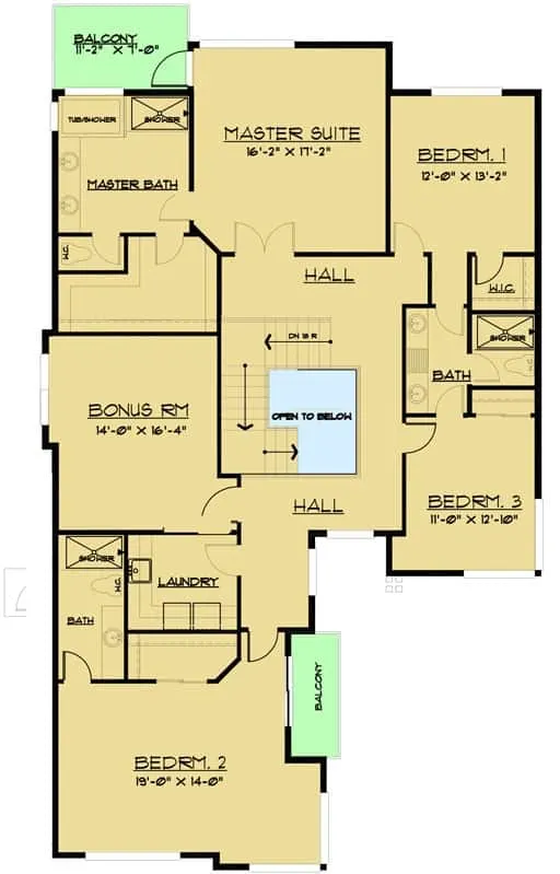 二级平面图有四个卧室,三个浴室,一个洗衣房,和一个额外的房间。