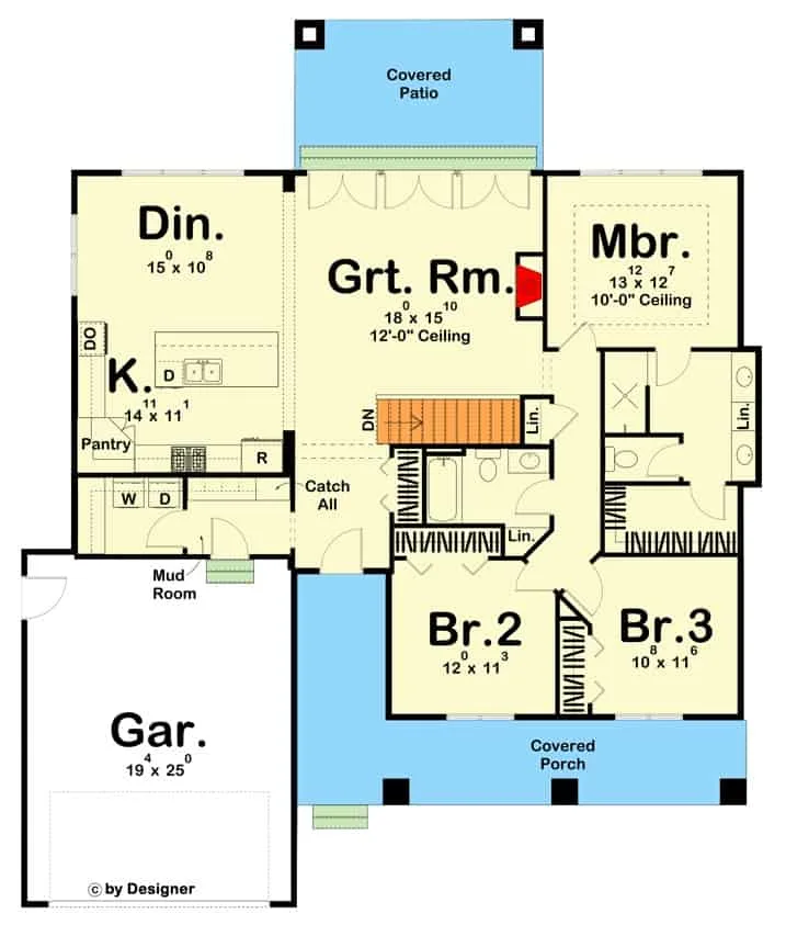 3主级平面图的卧室现代单层大房间,餐厅,厨房,洗衣间,寄存室导致车库,有天井,概括的门廊。
