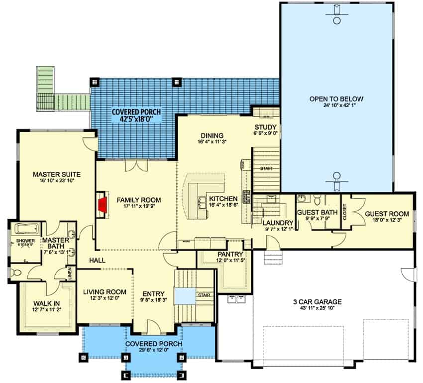主级两层的平面图七室新美国与门厅,客厅,客厅,厨房,餐厅,两间卧室,书房,洗衣导致车库,和门廊。