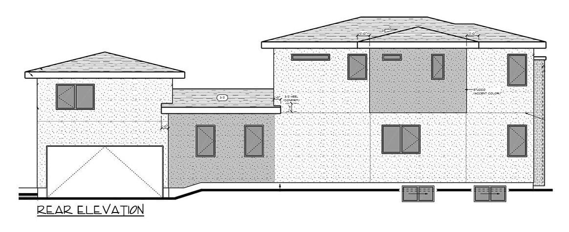 西北四卧室现代两层住宅的仰角草图。