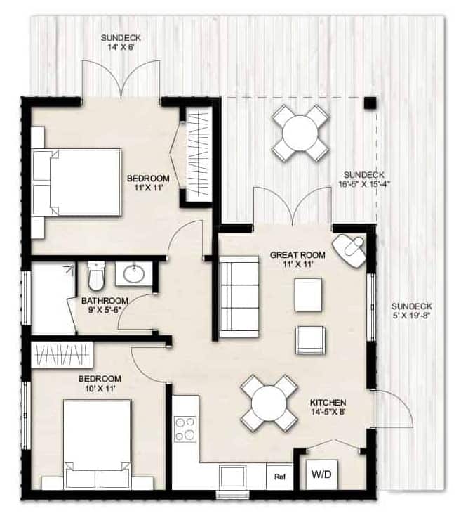 主级别墅的平面图2居室风格层楼的小家里,有一个概括的甲板上,大房间,厨房,两间卧室,一个门廊。