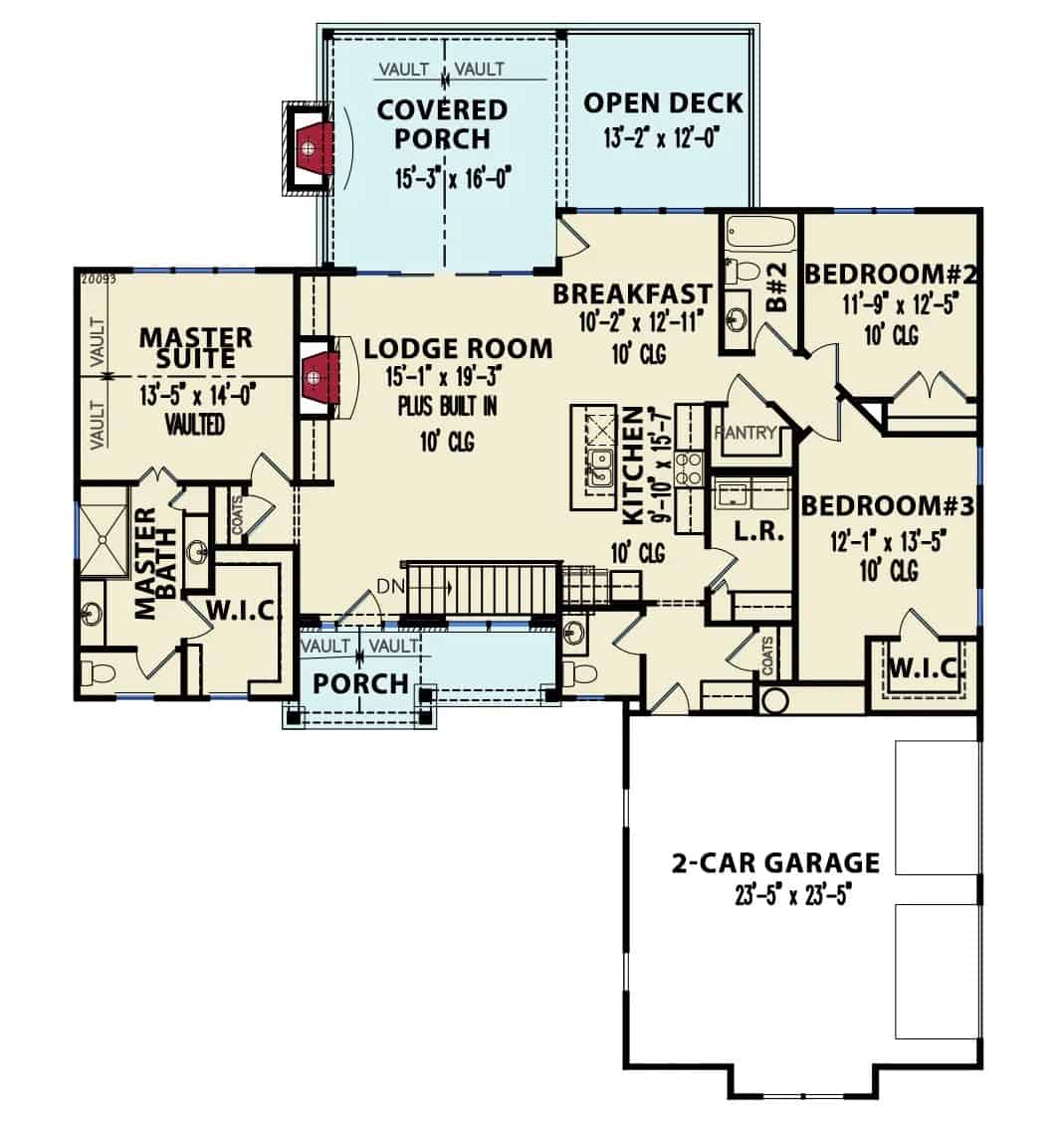 单层3卧室Autumn Glen农舍的主层平面图，带有小屋、厨房、早餐角、三间卧室、双车库和带顶棚的门廊。